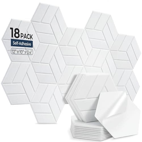 AUSLET 18 Pack Hexagon Acoustic Panels Self-Adhesive, 30x26x0.9cm High Density Sound Absorbing Panels for Walls, Soundproofing Foam Panels for Studio, Home Office, Gaming Room, Recording Room(White)