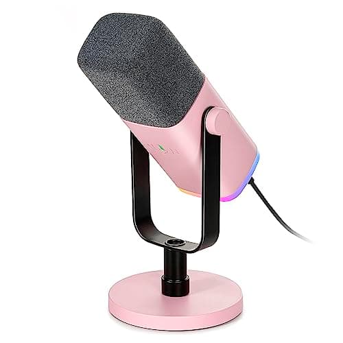 FIFINE AM8P Pink Gaming XLR/USB Microphone | Streaming Dynamic PC Mic for Recording, Podcast. RGB, Headphone Jack, Gain Knob. Compatible with Computer, Mixer. Pink.