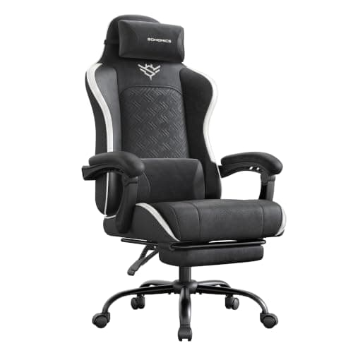 SONGMICS Gaming Chair, Ergonomic Office Computer Desk Chair with Footrest, Spring Seat Cushion, Synchronised Armrests, Ink Black and Cloud White OBG079B302