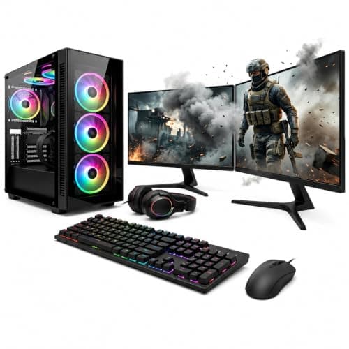 Dual Monitor RGB Gaming Desktop Bundle | Core i5, 16GB Memory, GT 730 Graphics | 256GB SSD + 1TB HDD | Win 11 PC Complete Setup with Keyboard & Mouse