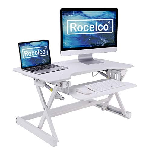 Rocelco 81cm Standing Desk Converter with Retractable Keyboard Tray - Dual Gas Spring Lift - Height Adjustable Sit Stand Computer Workstation Riser for Two Monitors and Laptop - White (R EADRW)