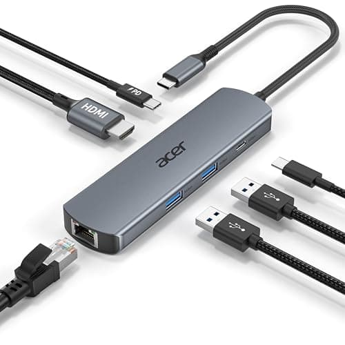 Acer USB C Hub with 1000Mbps Ethernet, 4K@60Hz HDMI, USB-C 5Gbps, 2×USB 3.0
