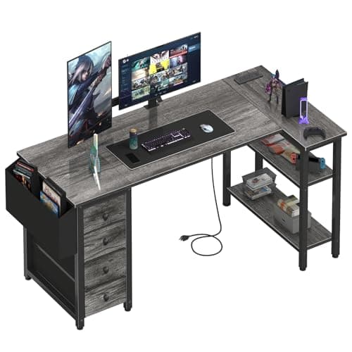 Lufeiya L Shaped Gaming Desk with Drawers & Storage Shelves, 55 Inch Corner Computer Desk with Power Outlet for Home Office Bedroom, L-Shaped Teen PC Desks with Fabric Drawer, Gray