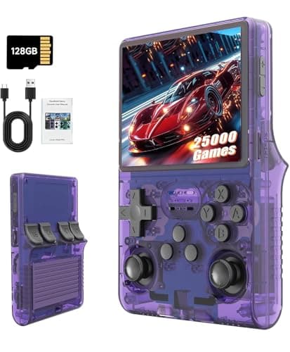 R36S Retro Handheld Game Console, Purple, 3.5 Inch HD Screen, 25,000+ Classic Games, 128G TF Card, Open Source Linux, for Teens and Adults