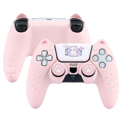GeekShare Pink Cat Paw PS5 Controllers Skin Grips Set Anti-Slip Silicone Skin Protective Cover Case Joystick Caps for PS5 Wireless Controller Accessories Kit