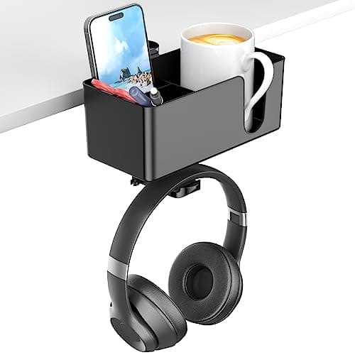 KDD 4-in-1 Desk Cup Holder with Headphone Hanger - Rotating Headphone Hanger and Detachable Desk Storage for Cup, Phone and Pen (Black)
