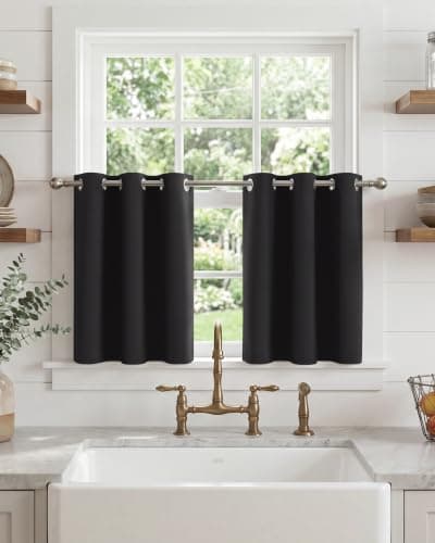 PONY DANCE Short Eyelet Blackout Curtains Black, Thermal Insulated Room Darkening Drapes for Cinema Room & Gaming Setup, Classic Energy Saving Privacy, 2 Panels W34 xL40