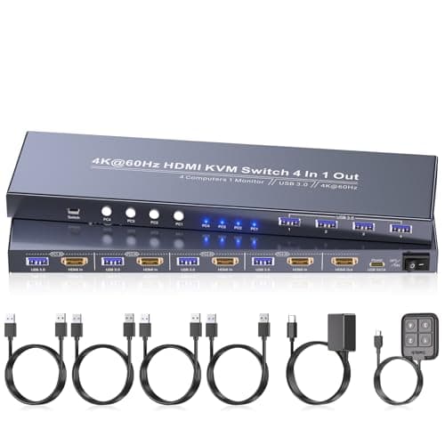 4K60Hz HDMI KVM Switch 1 Monitor 4 Computers, 4 Port KVM Switch for 4 PCs Share 1 Monitor and 1 Set of Keyboard Mouse, 4 Port USB 3.0 Hub Integrated, Dual Switching Methods