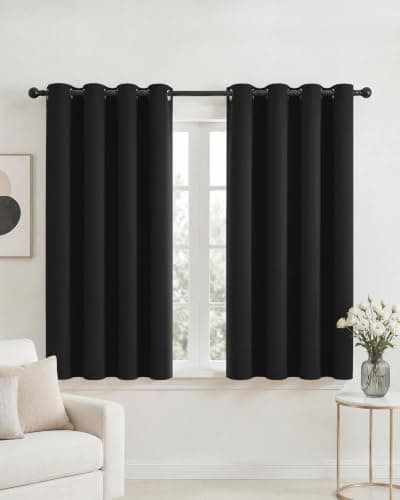 PONY DANCE Short Eyelet Blackout Curtains Black, Thermal Insulated Room Darkening Drapes for Gaming Room & Studio, Essential Energy Saving Privacy Set, 2 Panels W52 xL45