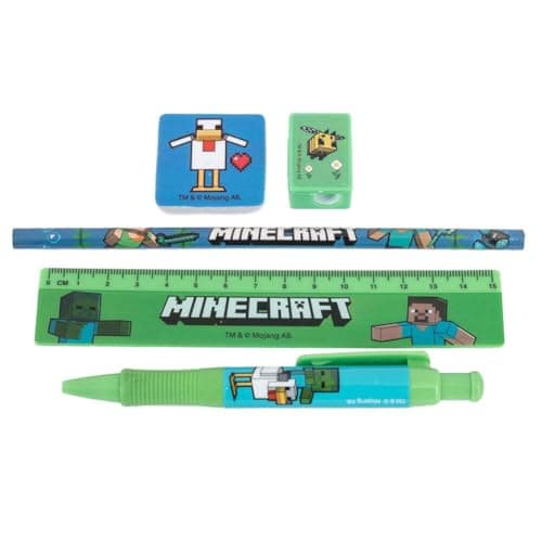 Minecraft 5-Piece Stationery Set, Official Licensed School Supplies Kit, Notebook Pencil Eraser Ruler Sharpener Set, Back to School Stationery, Kids Desk Accessories, Gaming Fan Gift