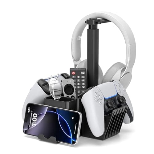 KDD Dual Controller Holder with Headphone Stand - Multi-Functional Desk Storage Accessories Box with Phone Holder - Controller Headset Stand with Desktop Organizer for Remote Control Black