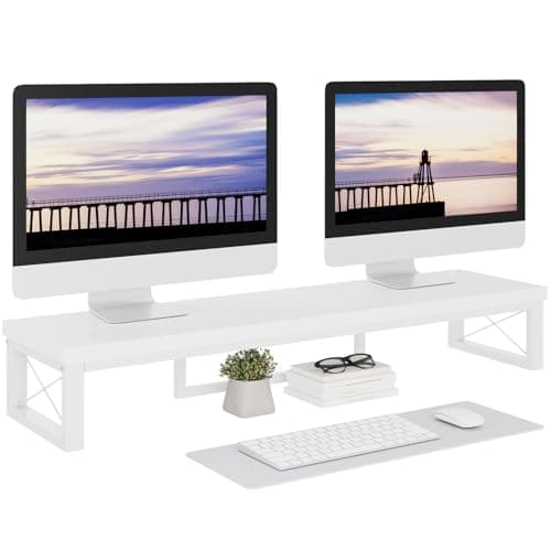 IBUYKE Dual Monitor Stand Riser, Wooden Desktop Computer Monitor Stand Storage Shelf and Steel Legs,Dual Screen Office Desk, Monitor Riser for Printer,PC,other Computer Accessories,White TDJ002W