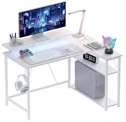 Xyphren L Shaped Gaming Desk with RGB LED Lights & Power Outlets,Corner Computer Desk with Adjustable Shelves, Small Office Desk for Study Workstation, 100x80 cm, White