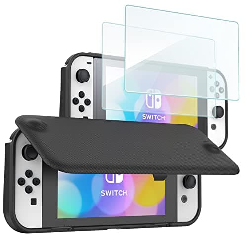 ProCase Flip Cover Case for Nintendo Switch OLED 2021 with 2 Pack Tempered Glass Screen Protector Slim Soft Cover Anti-Scratch Protective Case for Nintendo Switch OLED 2021 -Black | Slim Soft Protective Cover with 2 Tempered Glass Screen Protectors for Nintendo Switch OLED 2021, Anti-Scratch Design