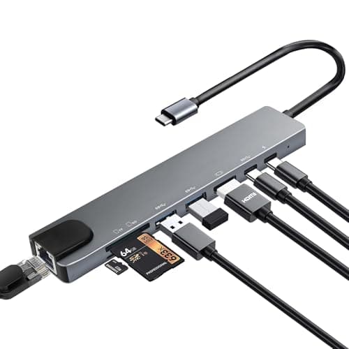 USB C Hub with Ethernet Adapter, 8 In 1 USB-C Multiport Adapter with 100W PD, 4K HDMI, USB 3.0/2.0, Type-C Port, SD/TF Card Reader, Type C Hub for MacBook, Acer, Laptops, Surface, iPad, and More