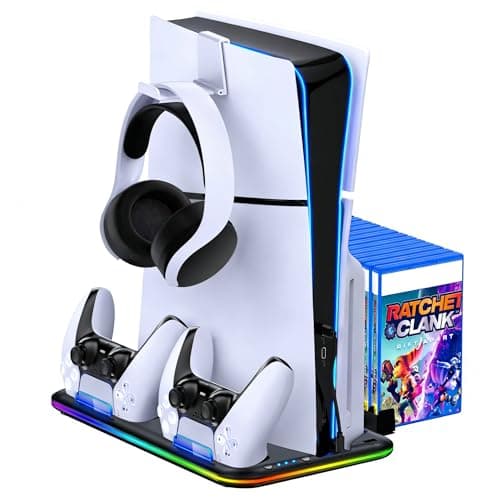 Cooling Stand for PS5 with Dual Controller Charging Station Compatible with PS5 Pro/Slim Disc & Digital Console, Vertical Stand with 3-Speed Fan, 15 Game Disc Slots, Headphone Hook, LED Lights, Black