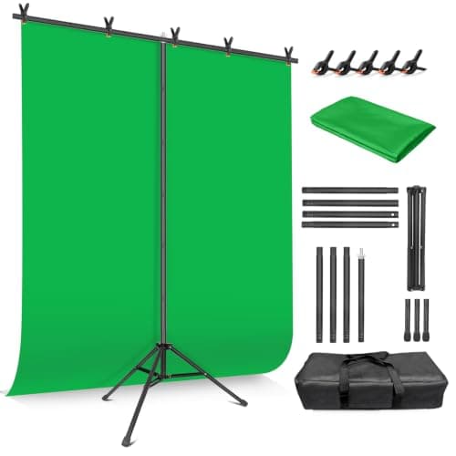 JEBUTU Green Screen Background with Stand, 1.5m x 2m Backdrop Stand Kit | Adjustable, with 5 Spring Clamps & Carry Bag | Greenscreen Backdrop Kit for Photo Studio, Streaming, Chroma Key