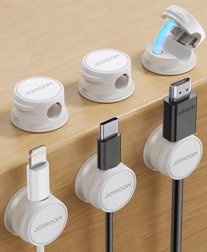 JOYROOM 6 Pack Cable Tidy Clips Cord Organiser Magnetic Cable Management Self Adhesive Wire Holder for Desk, Nightstand, Charging Cables, HDMI, USB, Audio Cable, Office, Home, White
