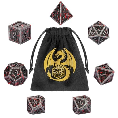 Metal Dice Set, 7pcs Polyhedral Metal DND Dice Set, DND Starter Set, D&D Gifts with Gift bag, Role Playing Board Games Accessories, Bloodstained Silver