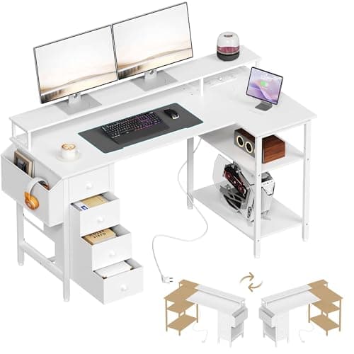 Yaheetech Corner Gaming Desk with Drawers, 140x70cm L Shaped Computer Desk with Power Outlets, Office Desk with Raised Monitor Stand, Reversible Storage Shelves for Home Office, White