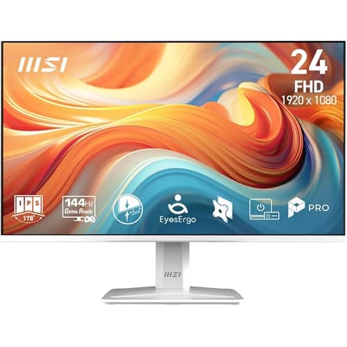 MSI PRO MP243W E14 24-Inch FHD Computer Monitor, 1920x1080 IPS, 144Hz, 1ms, HDR ready, Adaptive Sync, Eye care, Built-in speaker, HDMI 1.4b, DP 1.2a, Frameless, Tilt Adjustable, Vesa Mount, White