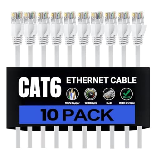 HUGIN Cat 6 Ethernet Cable 0.5m 10 Pack, Flat High Speed 1000Mbp/s Network Cables with Durable RJ45 Gold-Plated Connectors, Outdoor&Indoor, for Router, Modem, PS4/5 (0.5 Meter, 10 Pack)