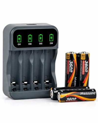 Massate 4-Pack 1.5V AA Rechargeable Batteries 3600mWh High Capacity with 4-Slot Smart Charger, USB Powered Long-Lasting Battery Kit for Game Controllers, Remotes & Household Electronics