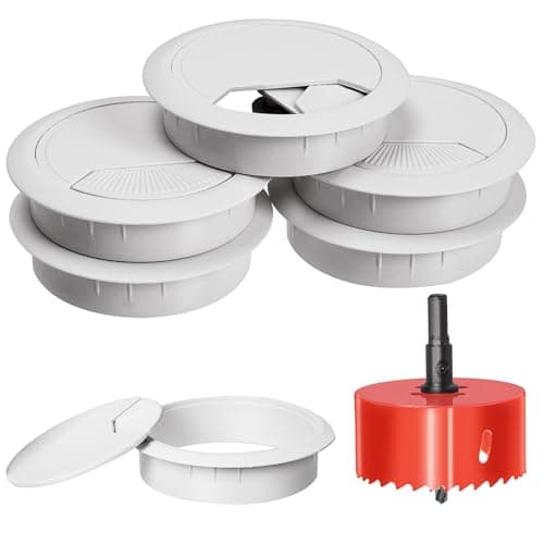Swpeet 6Pcs White Desk Cable Wire Grommet Cord with Hole Saw, Tidy Cable Hole Cover Organizers, Desk Wire Cord Cable Grommets Hole Cover, 1Pcs 2.36Inch_60mm Tools Hole Saw with Arbor for Office Desk