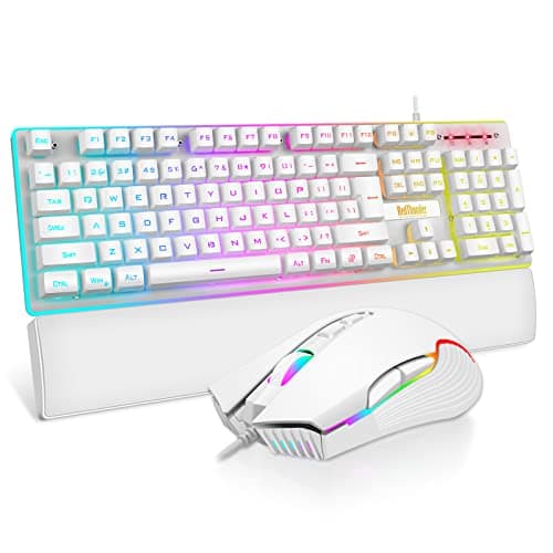RedThunder K10 Wired Gaming Keyboard and Mouse Combo, UK Layout, True RGB Backlight, Soft Leather Wrist Rest, Mechanical Feel Ergonomic Anti-Ghosting Keyboard + 7D 7200 DPI Mouse for PC Mac(White)