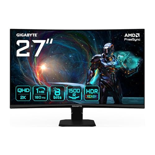 Gigabyte GS27QCA 27" QHD Curved Gaming Monitor - 2560 x 1440, 180Hz, 1ms, 250 cd/m², FreeSync, HDR Ready, HDMI 2.0, DisplayPort 1.4