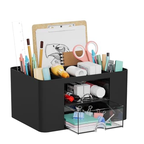 Marbrasse Desk Organiser with Drawers,Multifunctional Pen Holder with Compartments,Stationary Organiser for Home Office Desk and Accessories(Black)