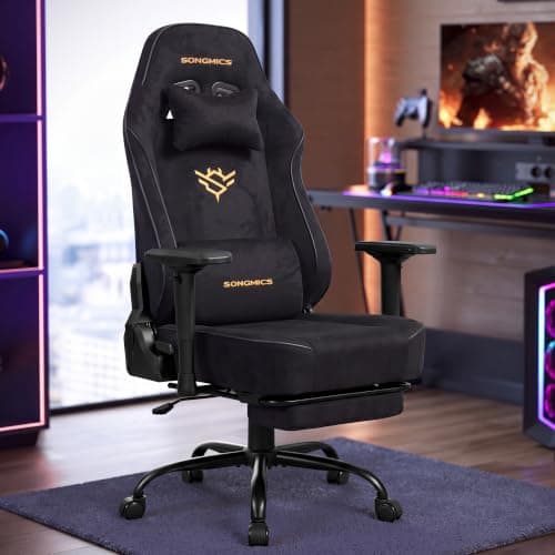 SONGMICS Gaming Chair, Suede Fabric Ergonomic Office Chair with Footrest and 4D Armrests, Pocket Spring Seat, 180 kg Capacity, 72 x 72 x (125-135) cm, Ink Black, Cathy Collection OBG095BH01