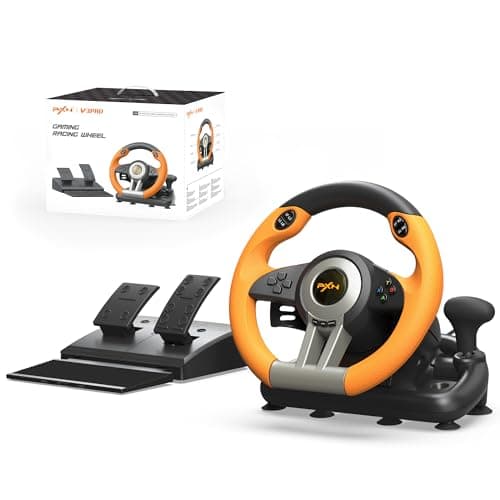 PXN V3 Pro Gaming Steering Wheel with Pedals - 180° Racing Wheel with Vibration Feedback, Steering Wheel for PC, PS3, PS4, and Switch -Orange