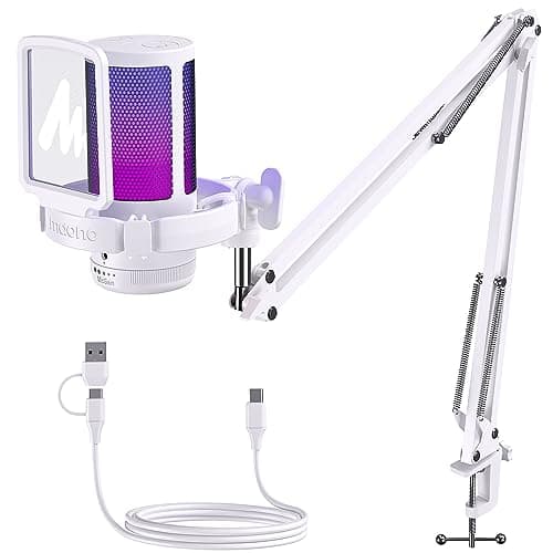 MAONO USB Gaming Microphone with Noise Cancellation, Computer PC Condenser Mic with RGB Light, Mute, Gain, Monitoring for Streaming, Podcast, YouTube, Twitch, Discord, PS5, PS4, DGM20S White
