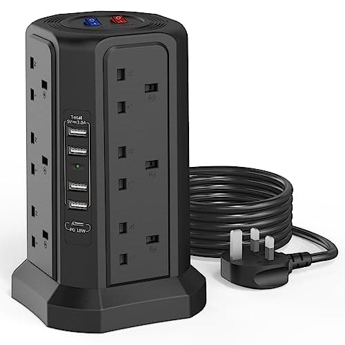 HAFINO Tower Extension Lead with 18W USB C Slots, 12 Way Multi Plug Socket