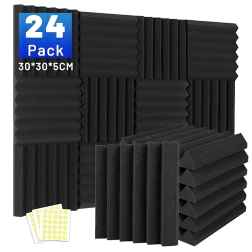 24 Pack Sound Proofing Panels, 2" X 12" X 12" Acoustic Foam Wall Panels, Soundproofing Wedge Panels, Sound Absorption Wall Panels, Sound Proof Panels for Studio, Home, Office, With Double Sided Tape