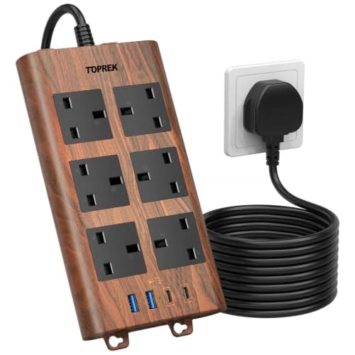 TOPREK Wood Grain 6 Way Extension Lead with USB Slots, 2M Extension Cable