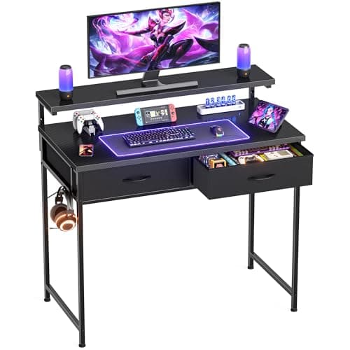 Gaming Desk with Adjustable Monitor Stand, 2 Storage Drawers, Black 80cm
