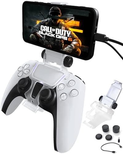 Joso Phone Mount for Ps5 Controller, Remote Play Mobile Gaming Phone Holder for Dualsense controller, Adiustable Gamepad Clip with 4 Thumbstick Grips