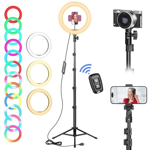 Ring Light with Tripod Stand & Phone Holder Tall 182 cm, 10 inch LED Ringlight Selfie Cicle Light Desk with Remote & Phone Clip for Camera, Video, Makeup, YouTube, TikTok
