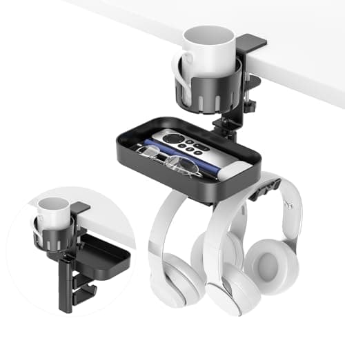 KDD Desk Cup Holder with 2 Headphone Hook - Rotating Pencil Holder and Detachable Drawer Tray - Under Desk Headphone Stand Holder Headset Hanger Hidden Storage for Office School Home Accessories