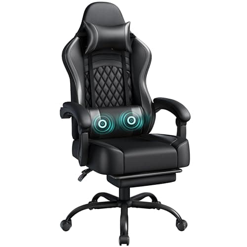 Yaheetech Gaming Chair, Ergonomic Racing Gaming Chair with Massage Lumbar Pillow, High-Back Office Chair with Slide-Out Footrest and Padded Linkage Armrests for Adults Full Black
