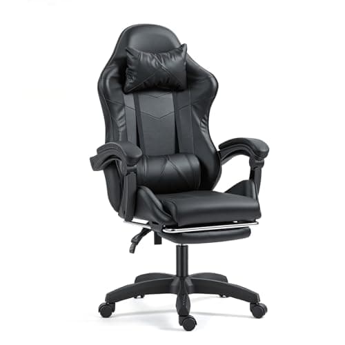 Panana Racing Style Gaming Chair, Office Chair with Lumbar Support Swivel Chair with Armrest PU Leather High Back (Black, with Footrest)