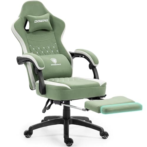 Dowinx Gaming Chair Fabric with Extendable and Folding Footrest, Ergonomic Office Chair with Gel Cushion and Pocket Spring Cushion, Computer Gaming Chair, Gamer Chair for Adults, Green