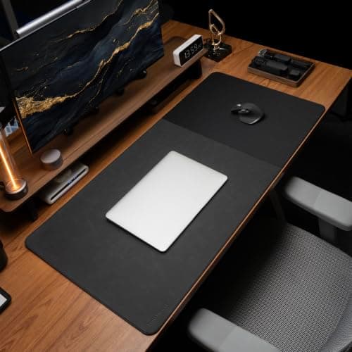 HAUTOCO Cork Desk Mat 80cm x40cm, Distressed Black PU Leather & Smooth Cloth Mouse Pad, Non-Slip Large Gaming Desk Pad with Stitching Edges for Office Home