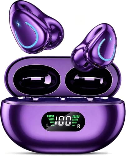 Open Ear Bone Conduction Headphones Bluetooth 6.1 Clip-on Earbuds with Mic, 80H Playtime, Waterproof, Digital Display Charging Case, Comfortable for Glasses Wearers, for Sport Workouts Running, Purple