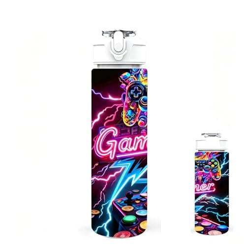 Zetrifoep Gamer Water Bottle with Straw, 750ml Boys Water Bottle with One-click Flip-top & Leak-proof Lock, Reusable Drinking Bottles for School, Gym, Sport & Travel