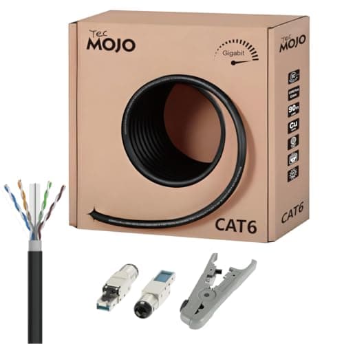 Tecmojo CAT6 UTP Outdoor 30M, Gigabit LAN Ethernet Network Bulk Cable Pure Copper 23AWG PVC+PE Dual Jacket CPR Fca UV Resist Direct Bury Black, with Cutting Stripping Tool and RJ45 Field Connectors