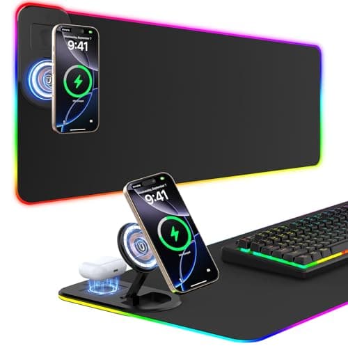 GIM Wireless Charging RGB Gaming Mouse Pad 15W, LED Mouse Mat 800x350x4MM, 10 Light Modes Extra Large Mousepad Non-Slip Rubber Base Computer Keyboard Mat for Gaming (Black-Folding Bracket)