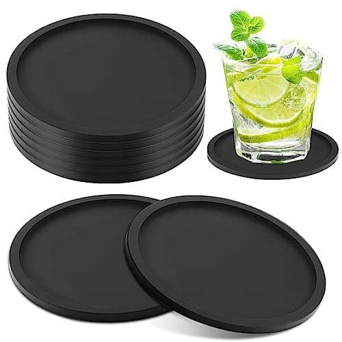 8 Black Drink Coasters, Thick Round Silicone Coaster Set, 10 x 10 cm
